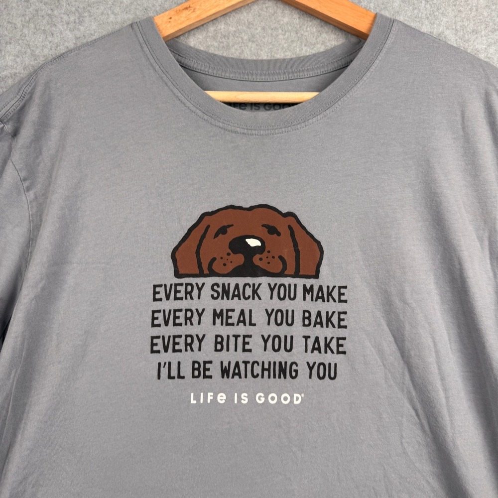 Life Is Good TShirt Mens XL Gray Dog Snack Watching You Graphic Tee Crusher Lite